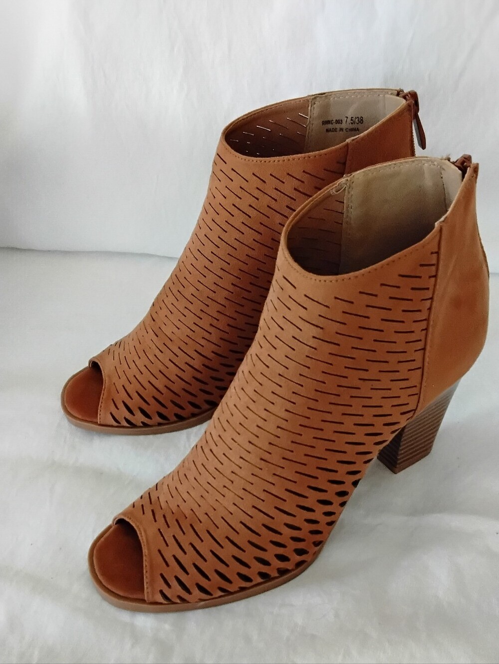 CL by Laundry Tan Leather Laser-Cut Peep-Toe Ankle Booties